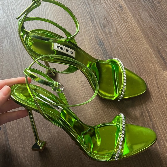Miu Miu Calzature Donna Crystal-Trimmed Metallic Leather Sandals Heels - Picture 2 of 12